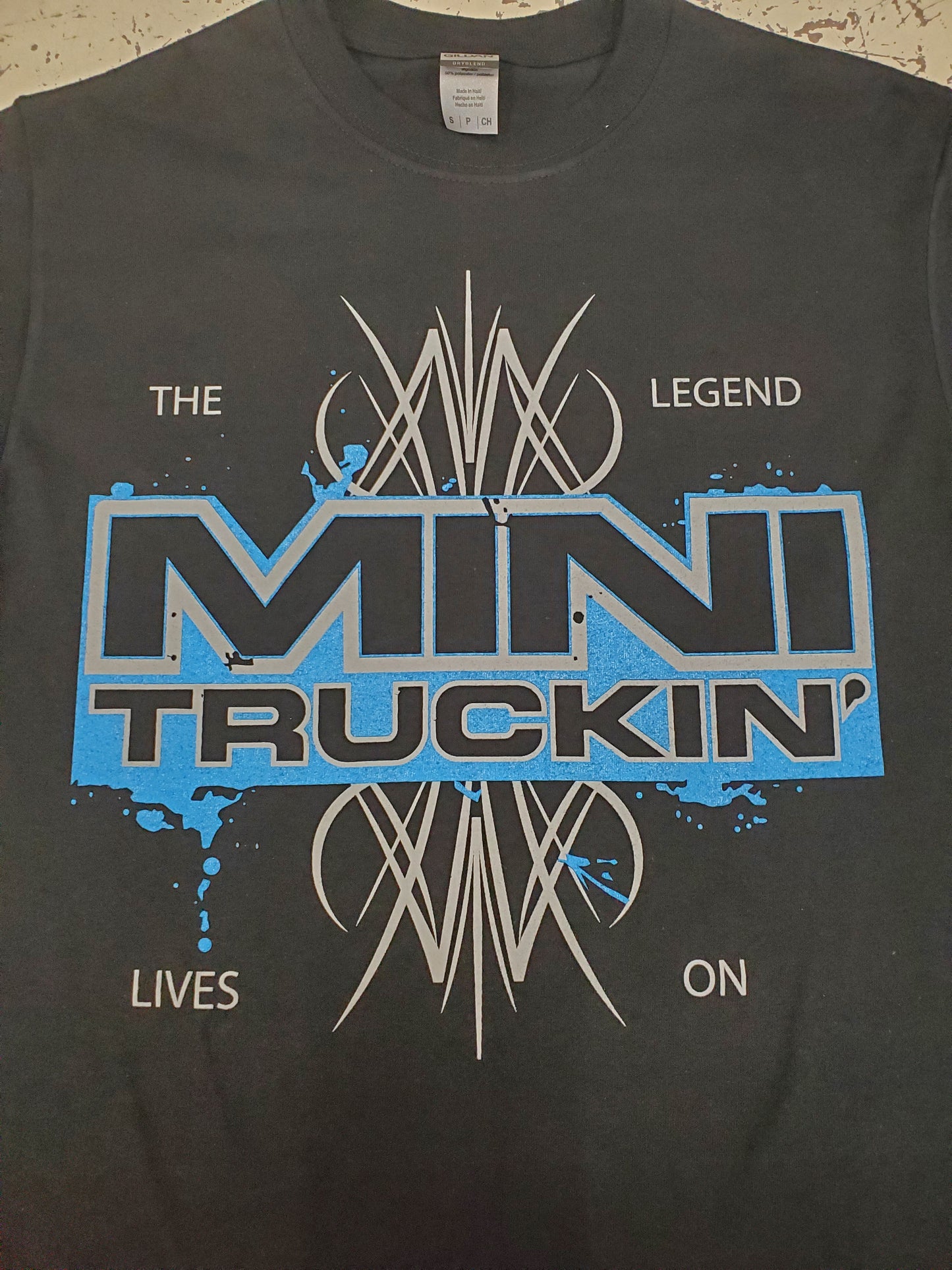 Mini Truckin' The Legend Lives On - Black T-Shirt/Blue Design