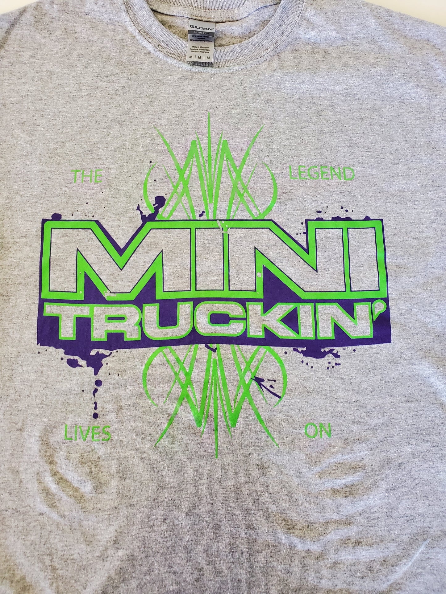 Mini Truckin' The Legend Lives On - Grey Shirt/Neon Green and Purple Design